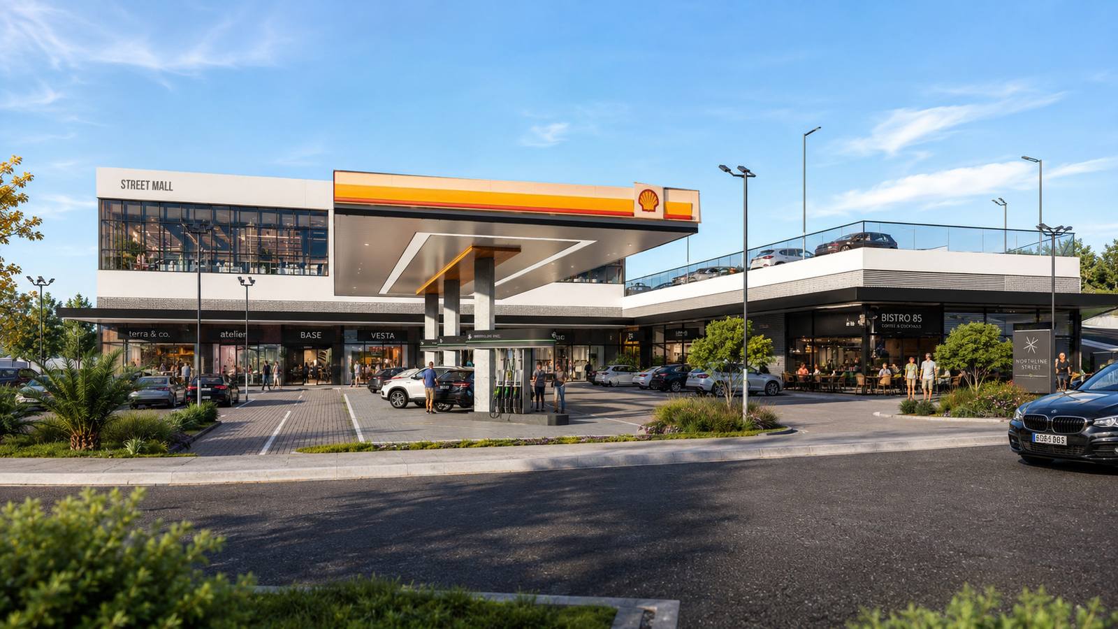 Render do Street Mall com posto de combustível